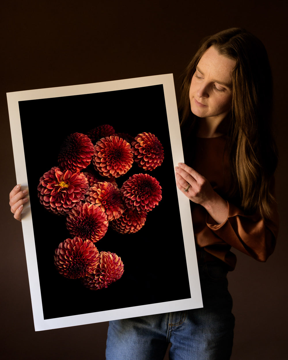 fine art print with red dahlias