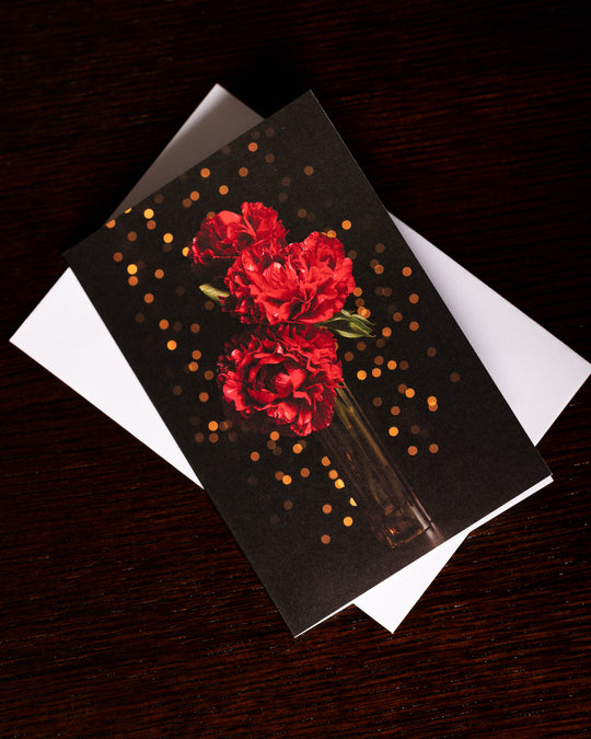 Red peonies and christmas lights christmas card and envelope