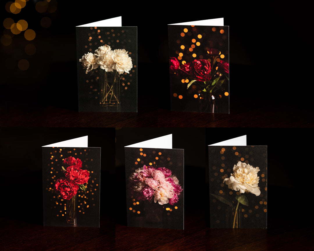 Set of 5 christmas cards with peonies