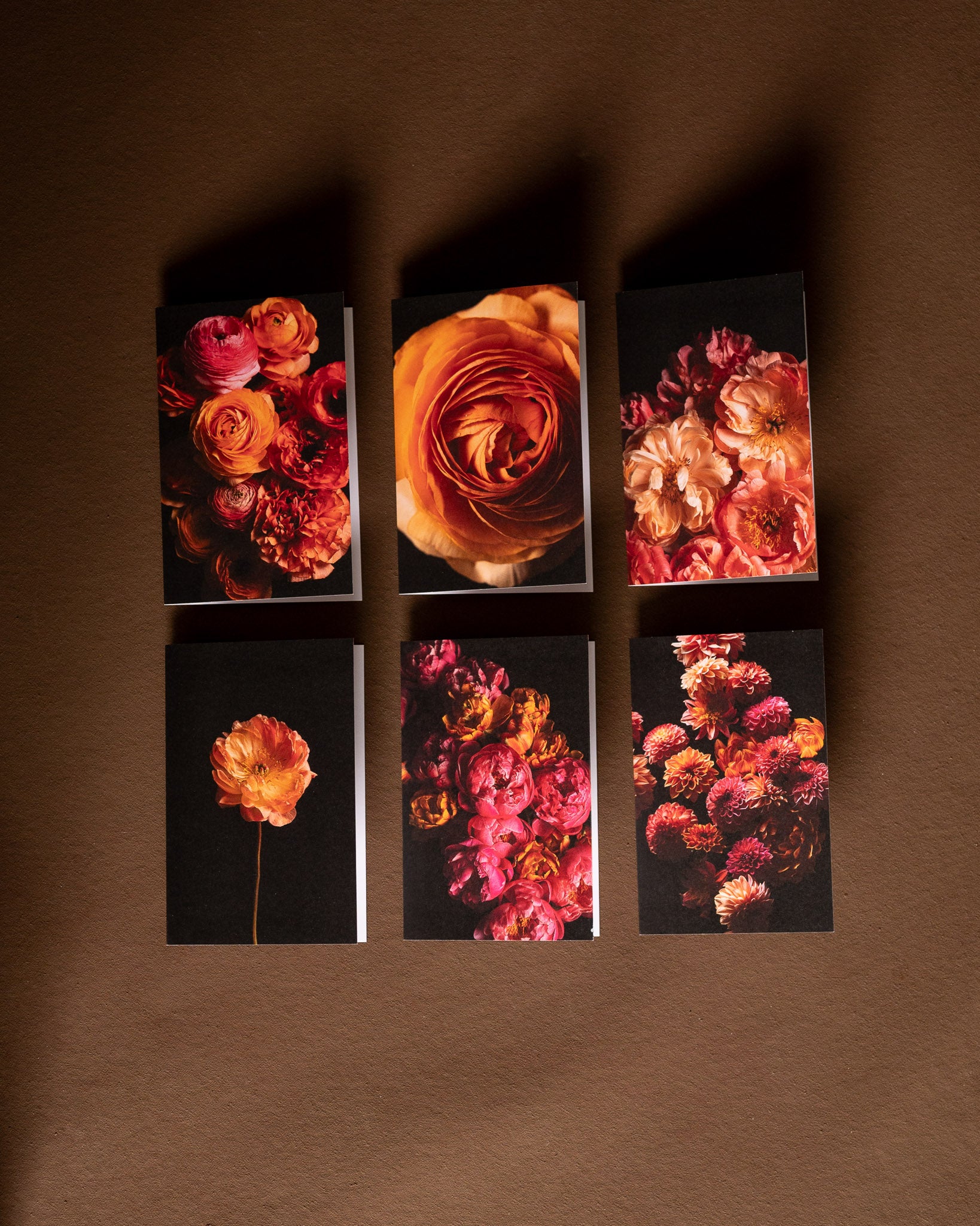 Set of 6 floral greeting cards with pink and orange flowers