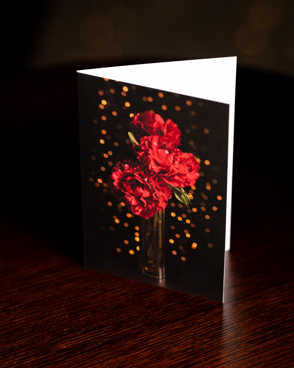 Greeting Card  with Henry Bockstoce Peony and twinkly lights