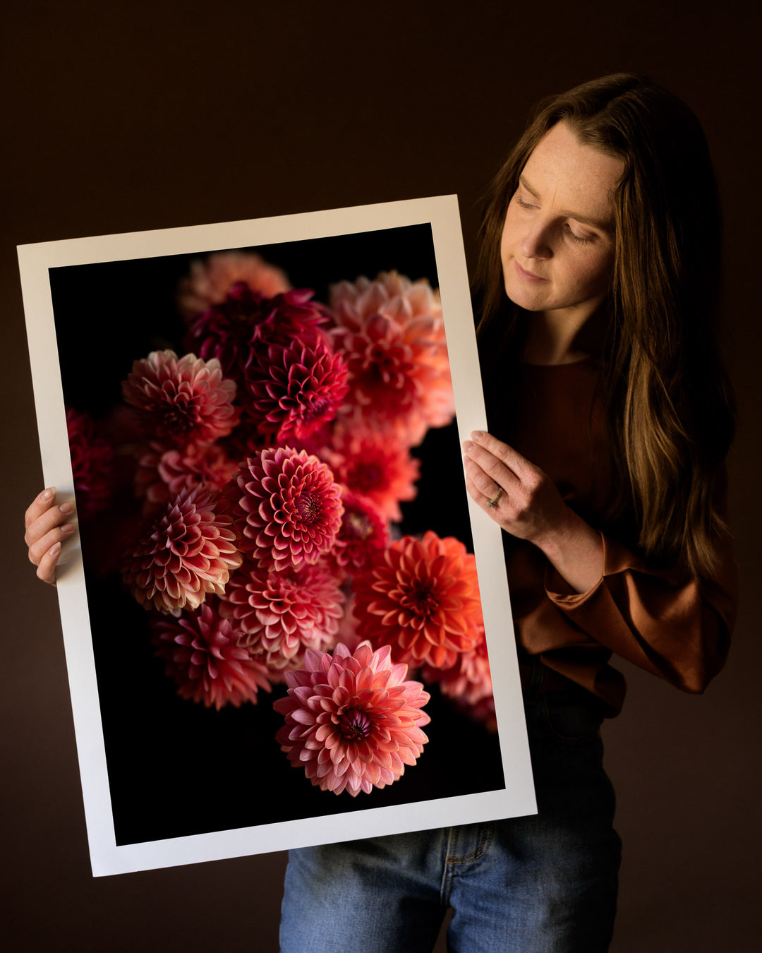 rebecca holding pink dahlia floral print