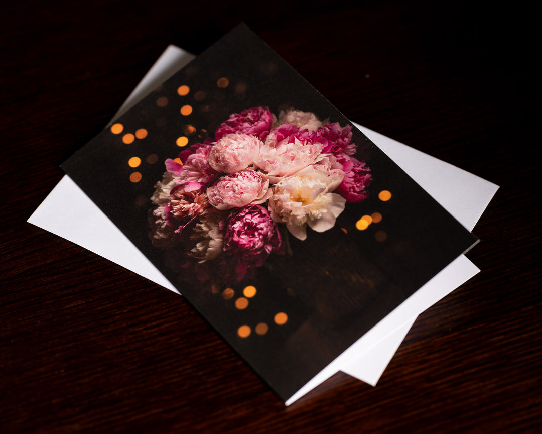 pink flowers with fairy lights christmas card