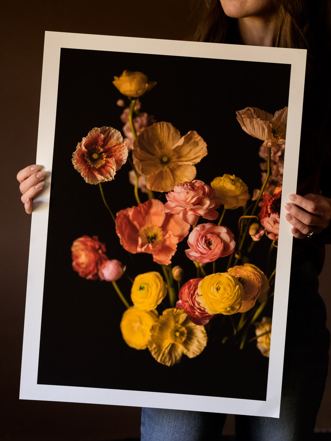 floral print of pink and yellow poppies and ranunculus, perfect for bringing joy and peace into your home