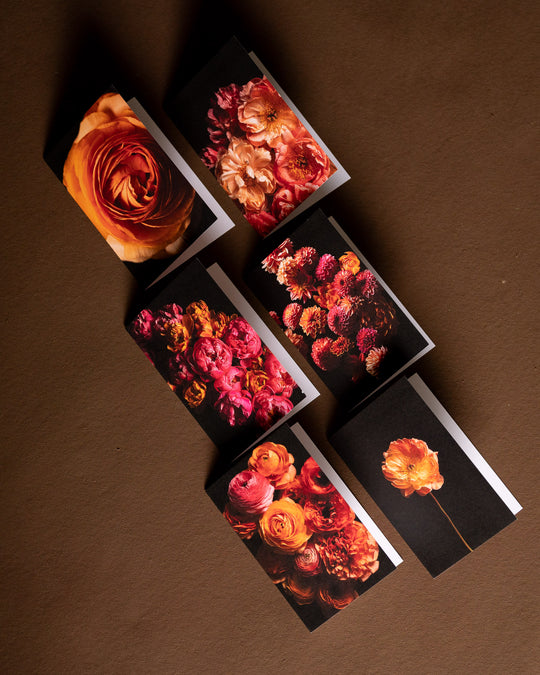 greeting card set with ranunculus flowers, peonies, dahlia flowers and spring tulips