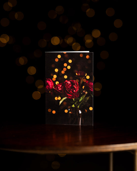 Red flower card - christmas peonies and fairy lights