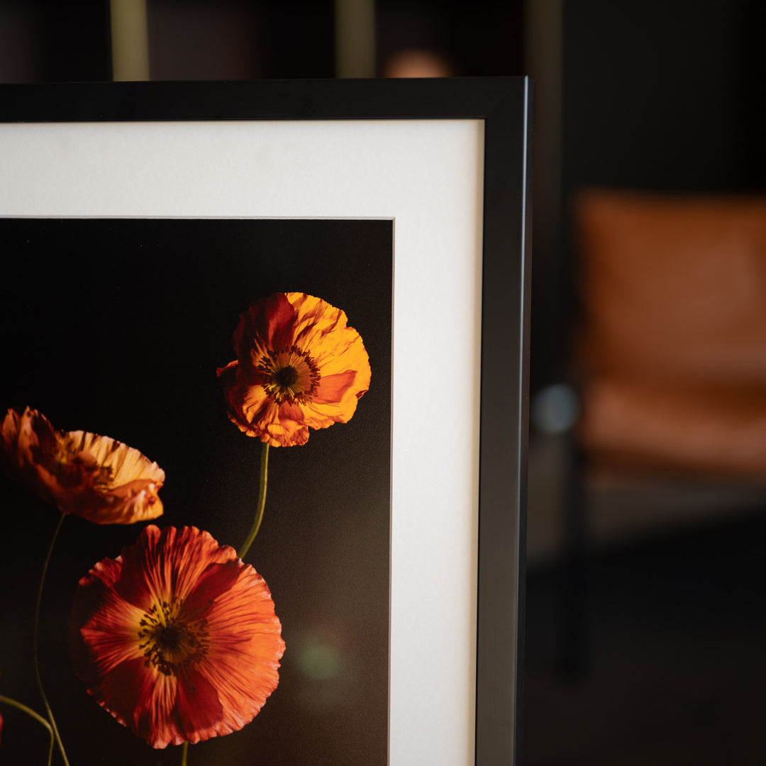 Poppies print close up to see the orange poppy details